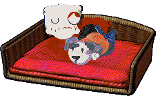  A Ramb and Pippins custom petz on the game Petz 4. They're lying down and resting together on a pet bed.